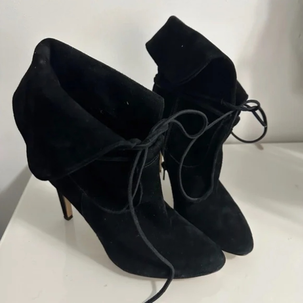 Lord & Taylor Black Leather Suede Stiletto Boots With Ties Heels (5.5)